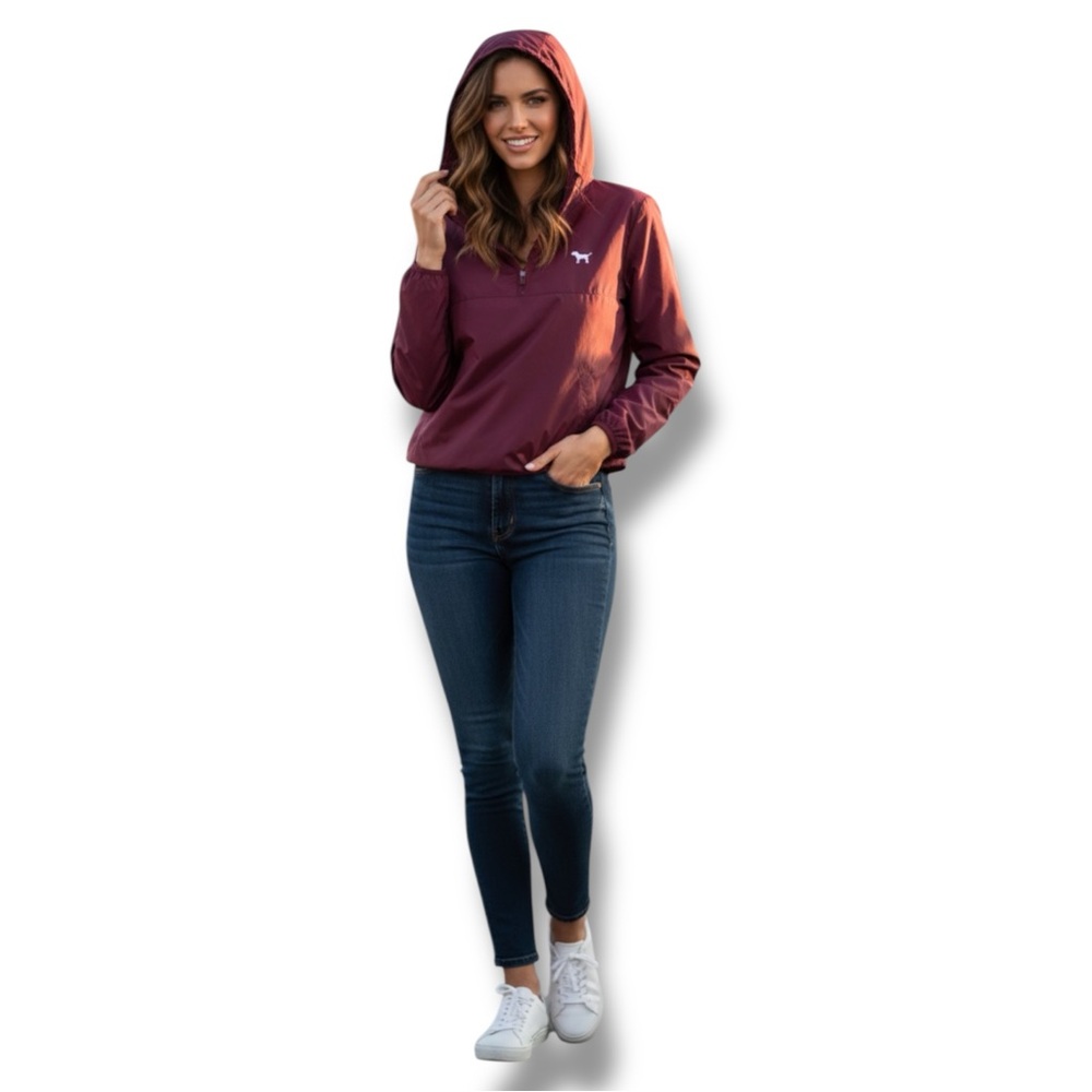 PINK Victoria's Secret Jacket Hooded 1/4 Zip Burgundy Nylon Dog LOGO Size XS-S